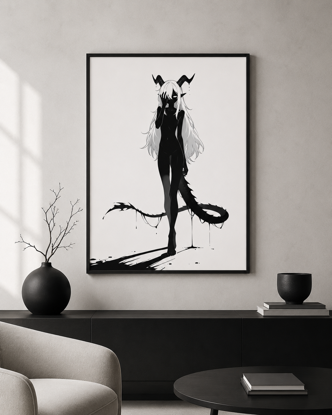 Affiche dark fantasy Vestigia, dragon anthropomorphe noir et blanc, main levée devant les yeux, cornes et queue épineuse, collection Les silences qu'on porte