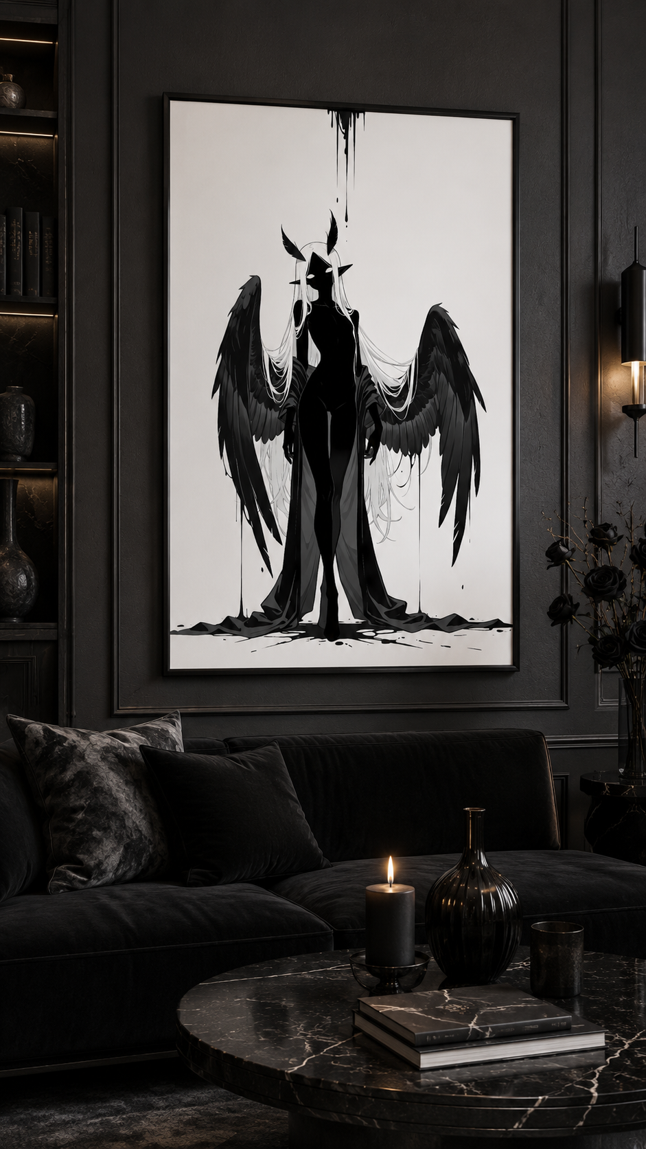 Affiche dark fantasy Nyctée, chouette anthropomorphe noir et blanc, ailes grandes ouvertes, yeux blancs fixes, collection Les silences qu'on porte