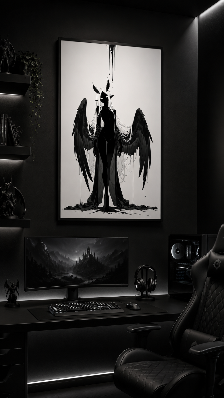Affiche dark fantasy Nyctée, chouette anthropomorphe noir et blanc, ailes grandes ouvertes, yeux blancs fixes, collection Les silences qu'on porte