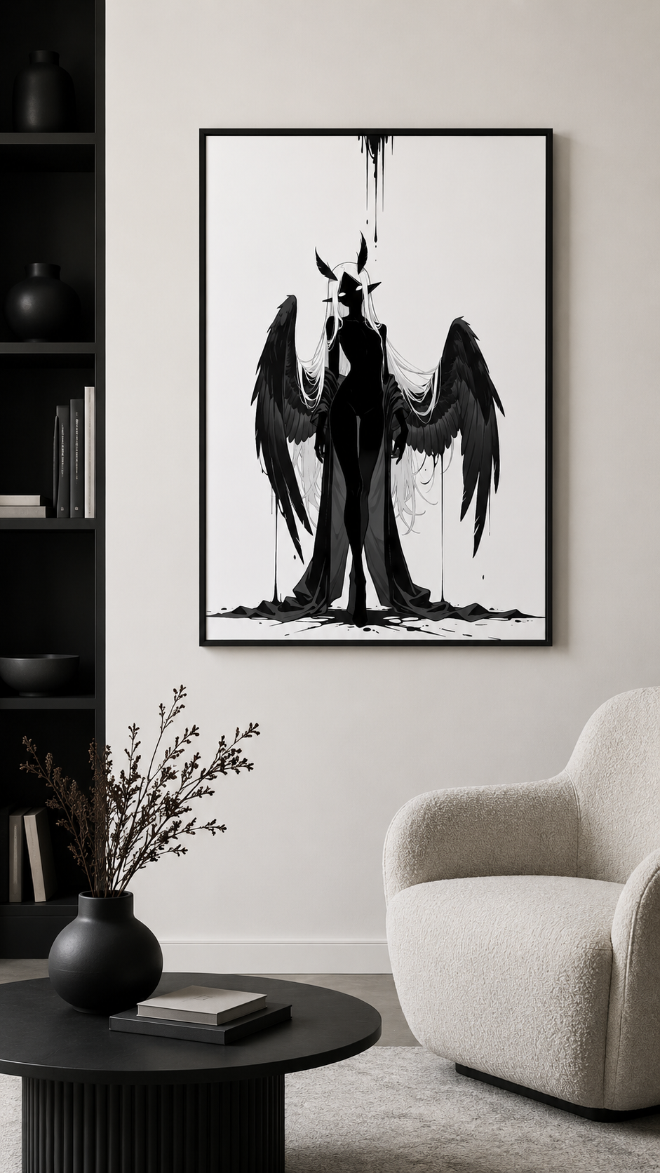 Affiche dark fantasy Nyctée, chouette anthropomorphe noir et blanc, ailes grandes ouvertes, yeux blancs fixes, collection Les silences qu'on porte