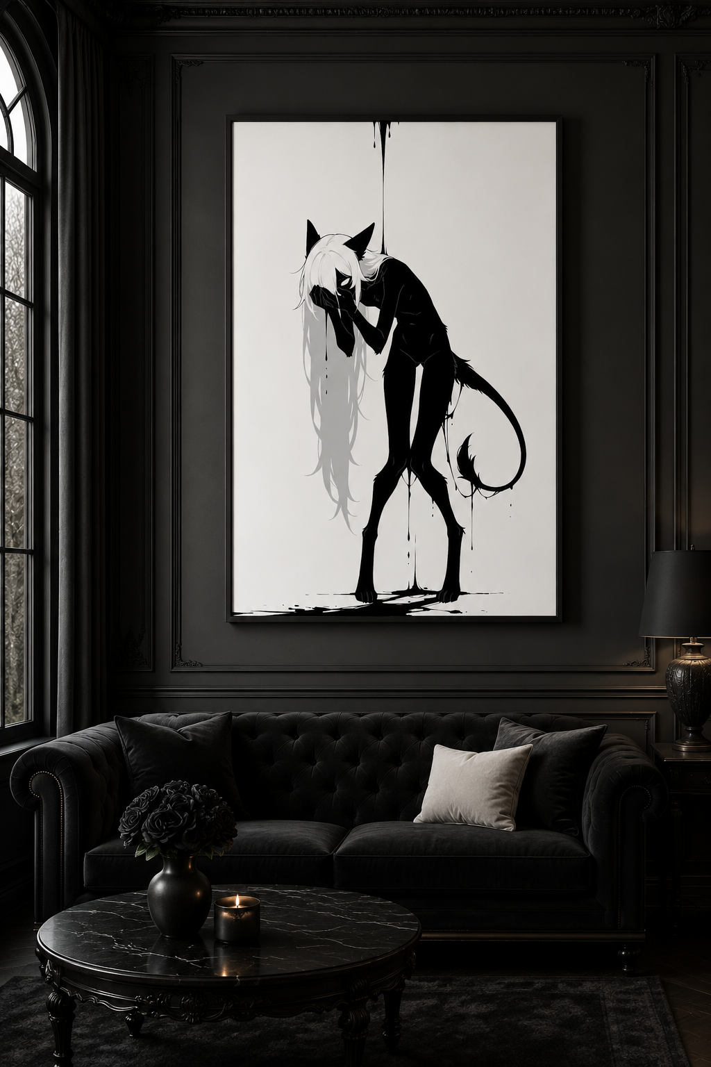Affiche dark fantasy Écholane, louve anthropomorphe noir et blanc, mains jointes contre la bouche, queue enroulée, collection Les silences qu'on porte