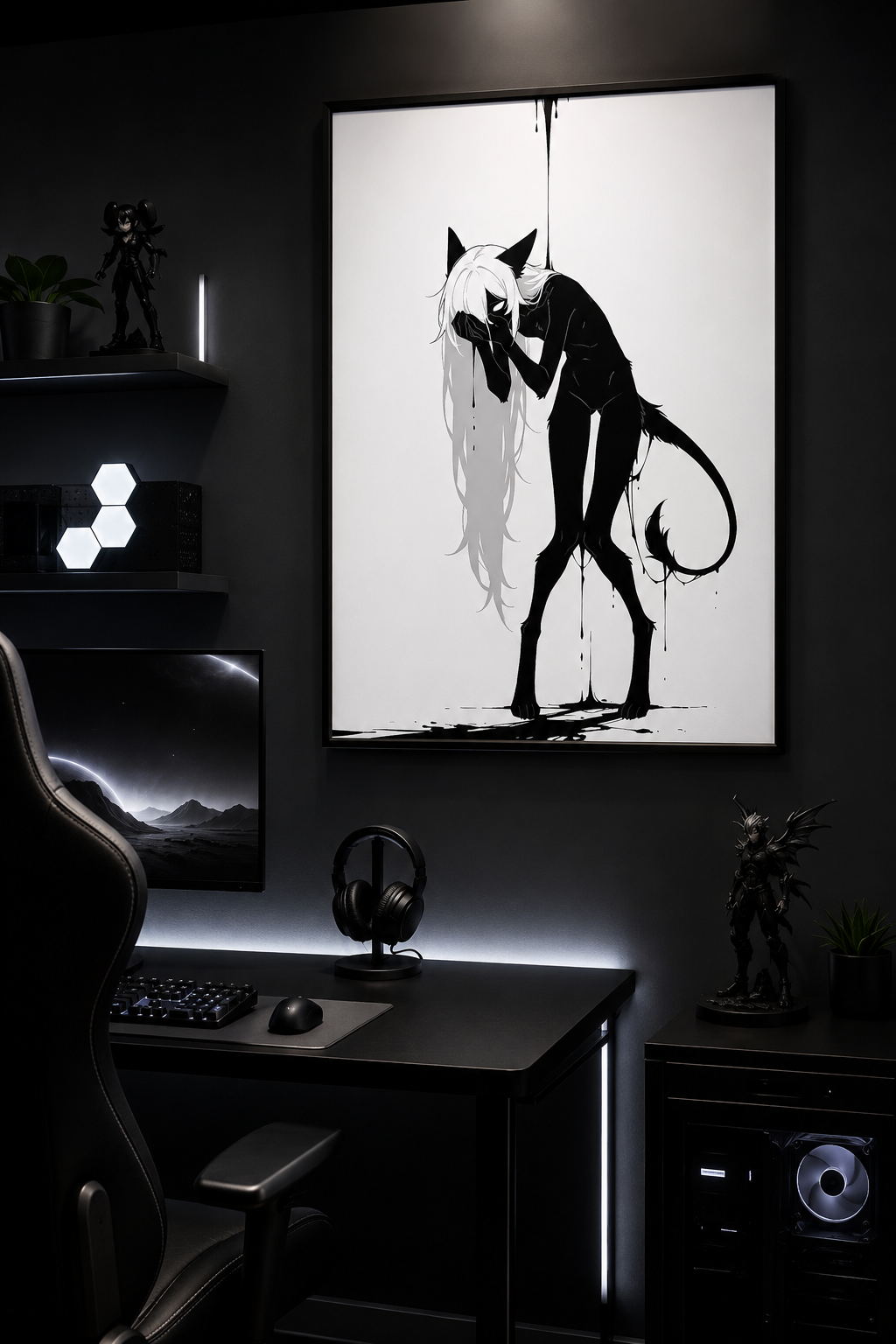 Affiche dark fantasy Écholane, louve anthropomorphe noir et blanc, mains jointes contre la bouche, queue enroulée, collection Les silences qu'on porte