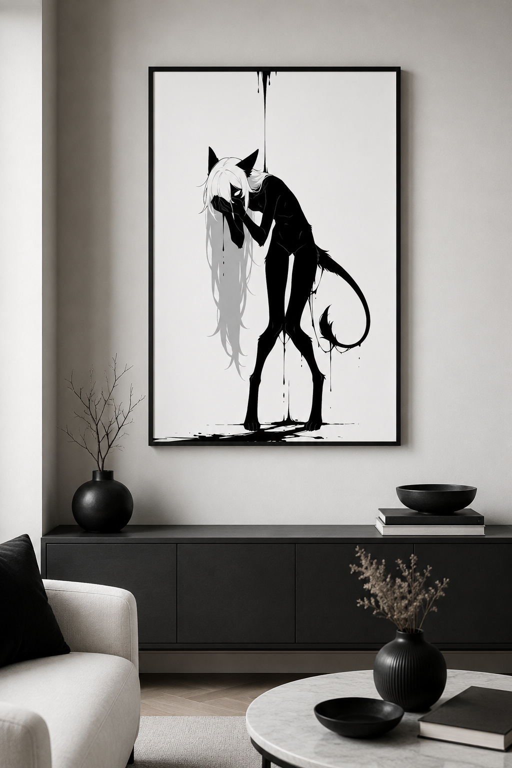 Affiche dark fantasy Écholane, louve anthropomorphe noir et blanc, mains jointes contre la bouche, queue enroulée, collection Les silences qu'on porte