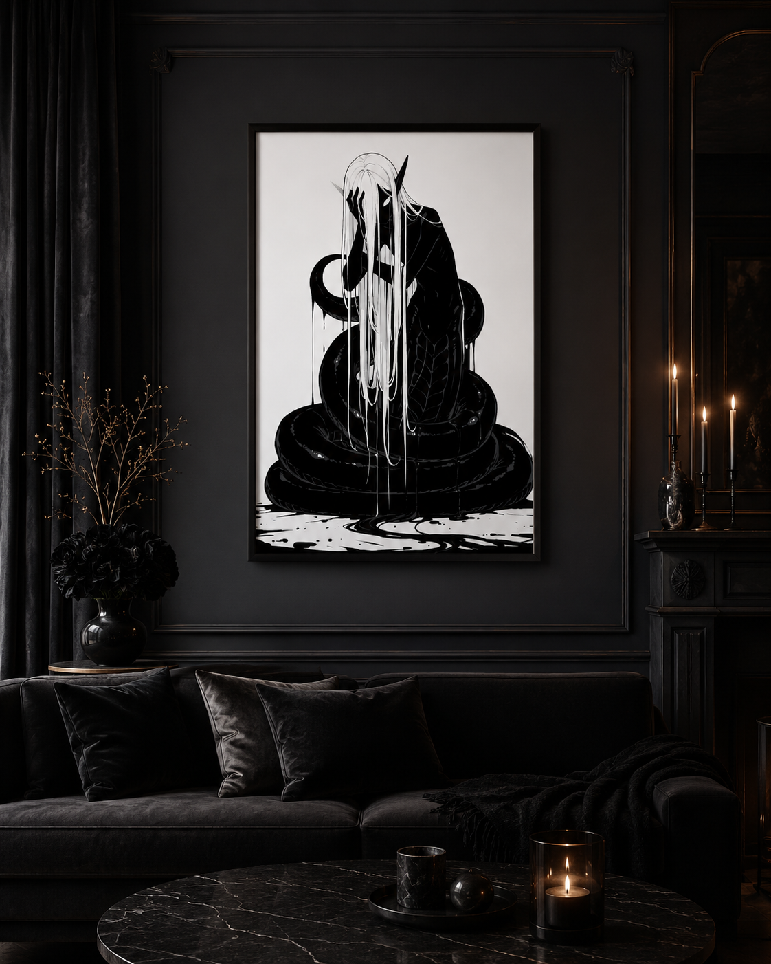 Affiche dark fantasy Muance, vipère anthropomorphe noir et blanc, visage caché, corps enroulé en spirales écailleuses, collection Les silences qu'on porte