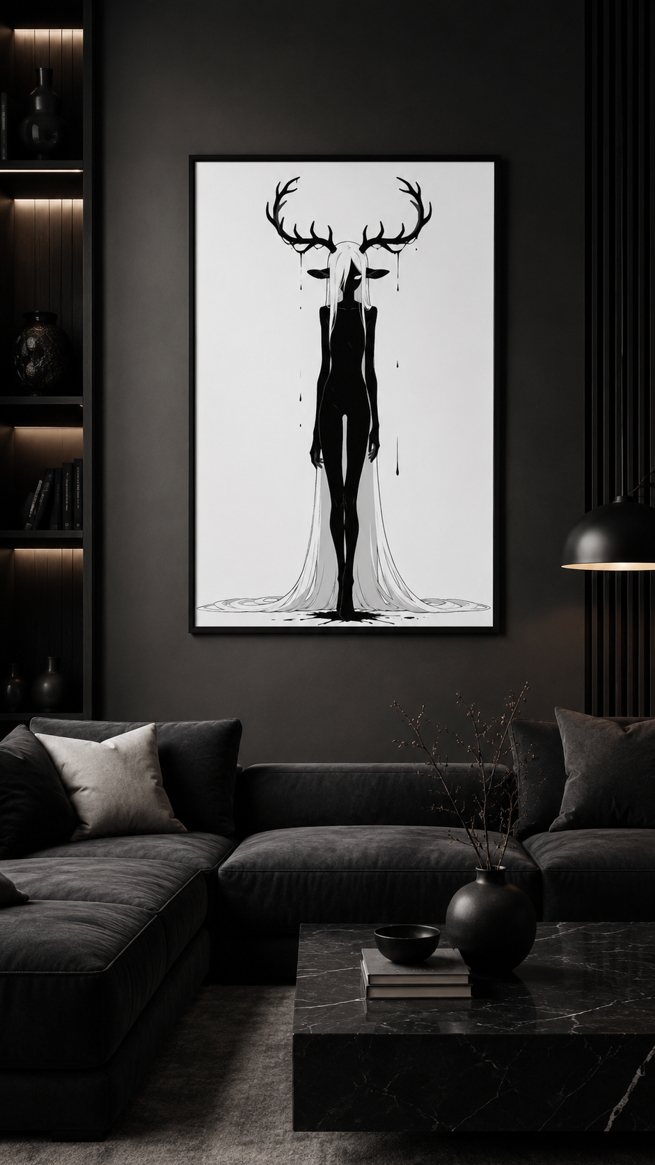 Affiche dark fantasy Doléa, biche anthropomorphe noir et blanc, grande ramure dégoulinante, pose immobile et frontale, collection Les silences qu'on porte