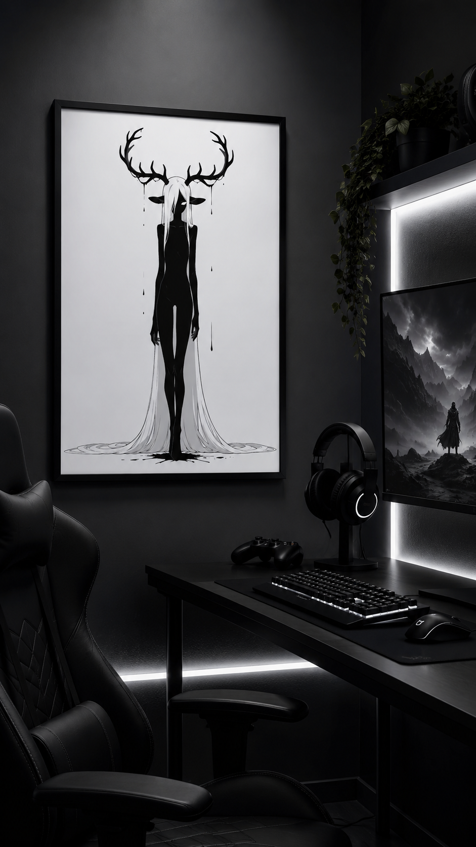 Affiche dark fantasy Doléa, biche anthropomorphe noir et blanc, grande ramure dégoulinante, pose immobile et frontale, collection Les silences qu'on porte