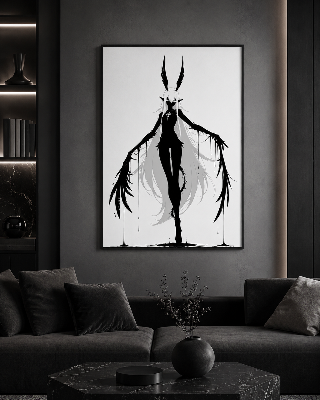 Affiche dark fantasy Tairie, corbeau anthropomorphe noir et blanc, bras grands ouverts en plumes dégoulinantes, collection Les silences qu'on porte