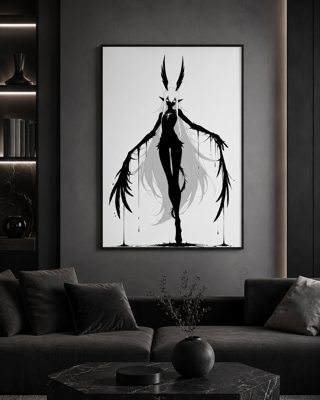 Affiche dark fantasy Tairie, corbeau anthropomorphe noir et blanc, bras grands ouverts en plumes dégoulinantes, collection Les silences qu'on porte