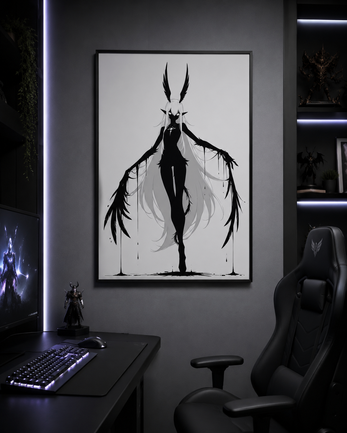 Affiche dark fantasy Tairie, corbeau anthropomorphe noir et blanc, bras grands ouverts en plumes dégoulinantes, collection Les silences qu'on porte