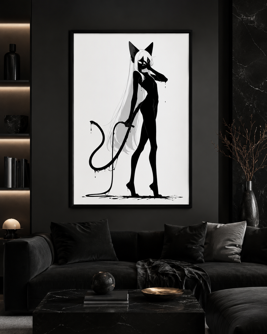 Affiche dark fantasy Closane, chatte anthropomorphe noir et blanc, main devant les yeux, lame tenue le long de la jambe, collection Les silences qu'on porte
