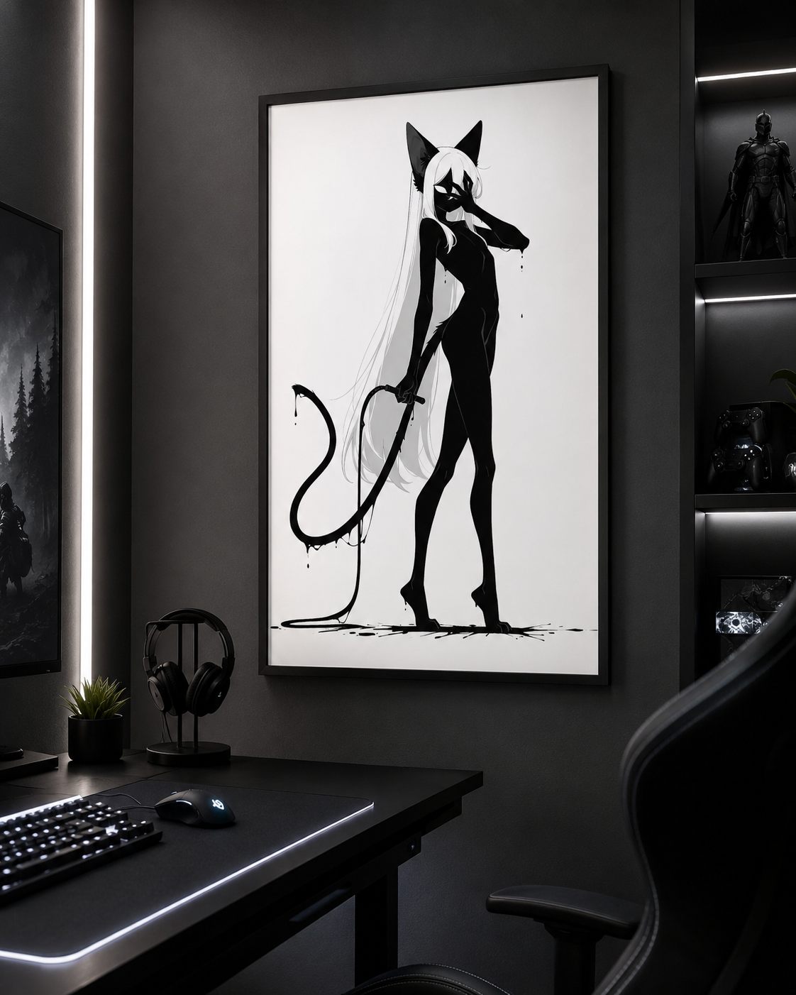 Affiche dark fantasy Closane, chatte anthropomorphe noir et blanc, main devant les yeux, lame tenue le long de la jambe, collection Les silences qu'on porte