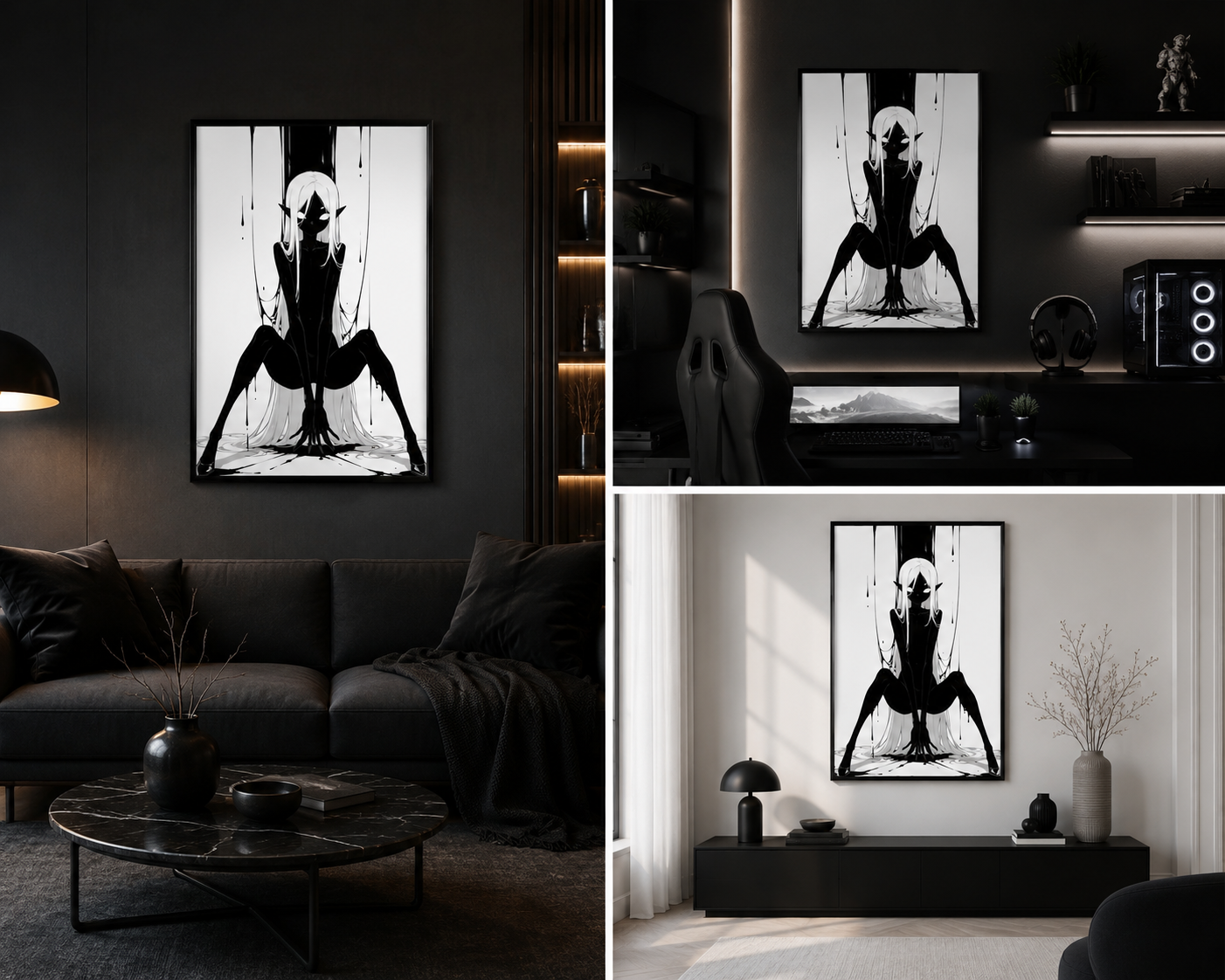 Affiche dark fantasy Tramelle, araignée anthropomorphe noir et blanc, accroupie jambes écartées au centre d'une toile d'encre, collection Les silences qu'on porte