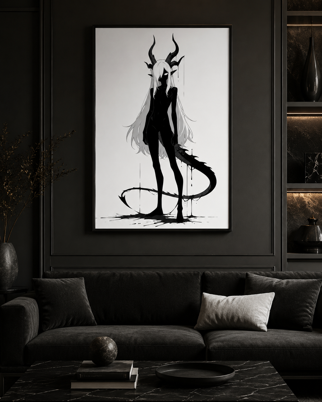 Affiche dark fantasy Vestigia, dragon anthropomorphe noir et blanc, debout avec des cornes ruisselantes d'encre