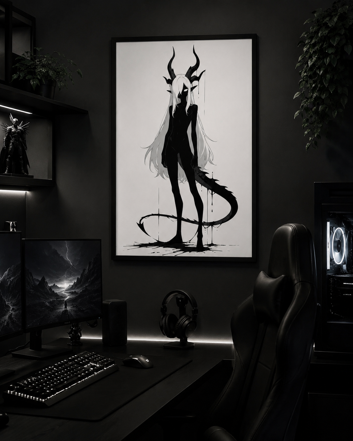 Affiche dark fantasy Vestigia, dragon anthropomorphe noir et blanc, debout avec des cornes ruisselantes d'encre