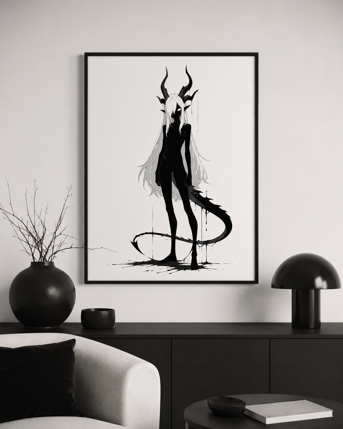Affiche dark fantasy Vestigia, dragon anthropomorphe noir et blanc, debout avec des cornes ruisselantes d'encre