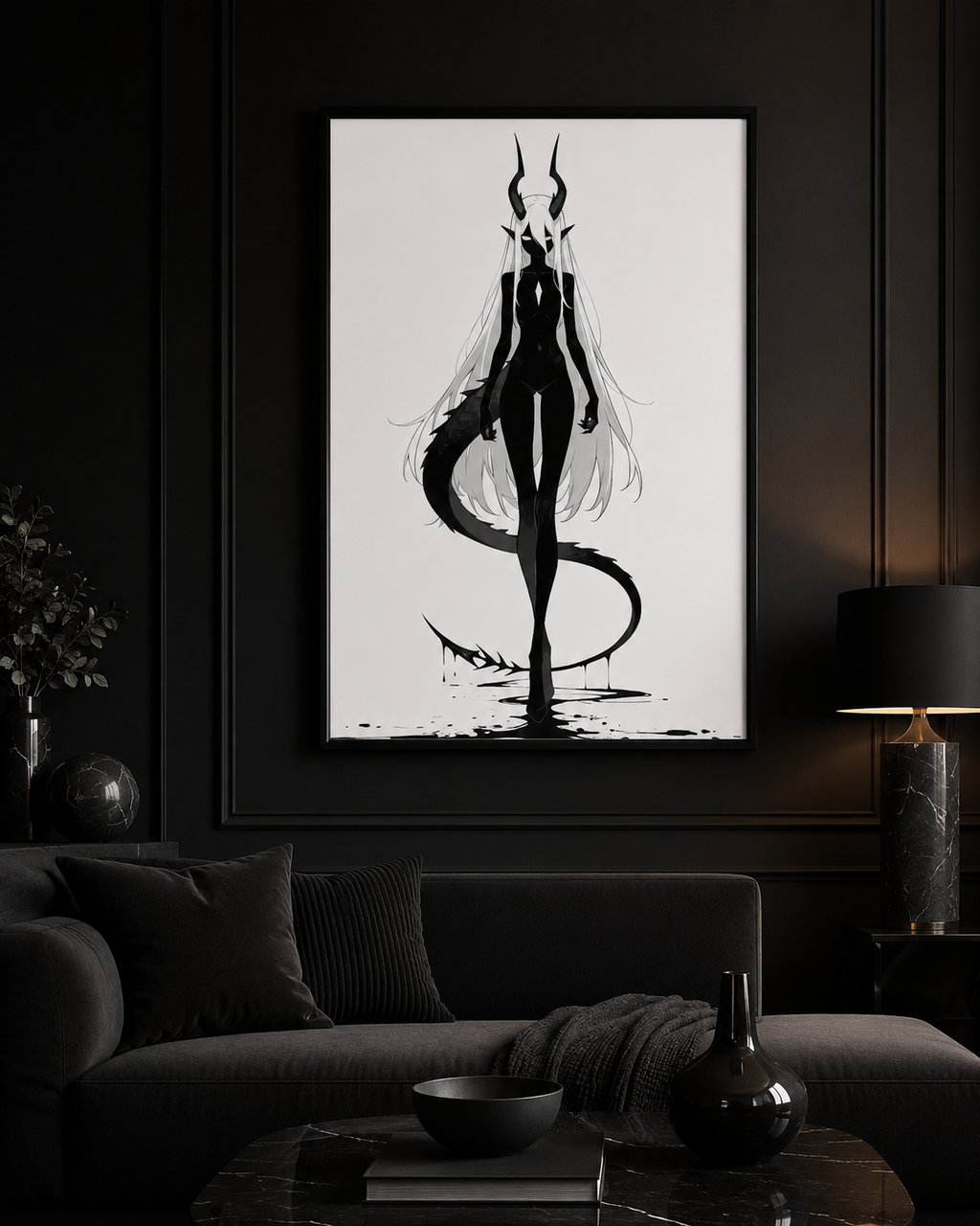 Affiche dark fantasy Vestigia, dragon anthropomorphe noir et blanc, debout avec sa queue écaillée enroulée devant elle