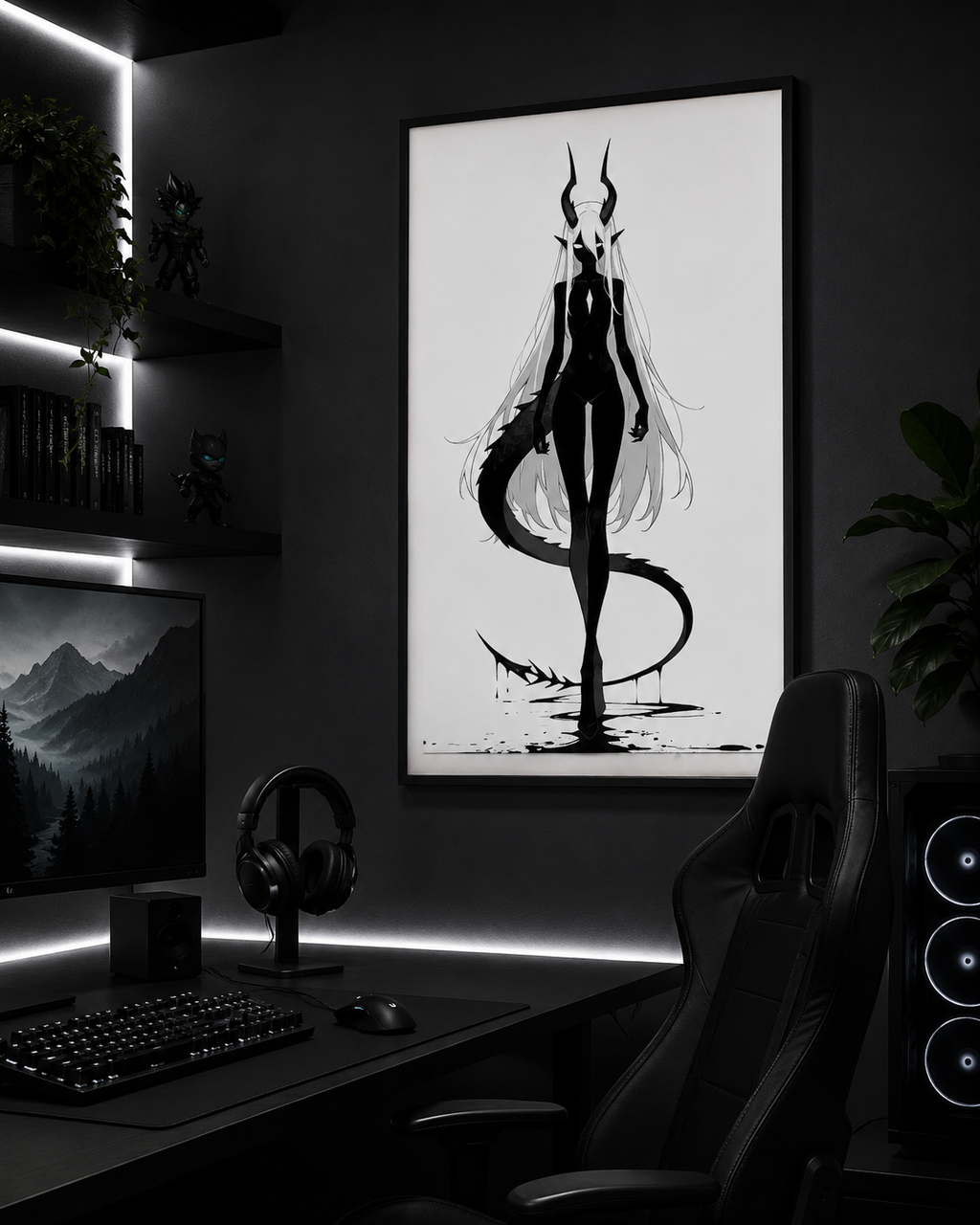 Affiche dark fantasy Vestigia, dragon anthropomorphe noir et blanc, debout avec sa queue écaillée enroulée devant elle