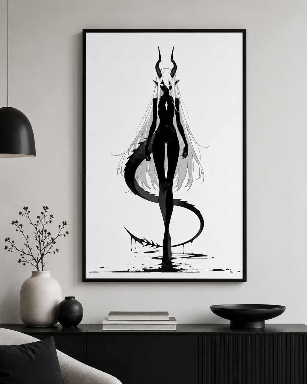 Affiche dark fantasy Vestigia, dragon anthropomorphe noir et blanc, debout avec sa queue écaillée enroulée devant elle
