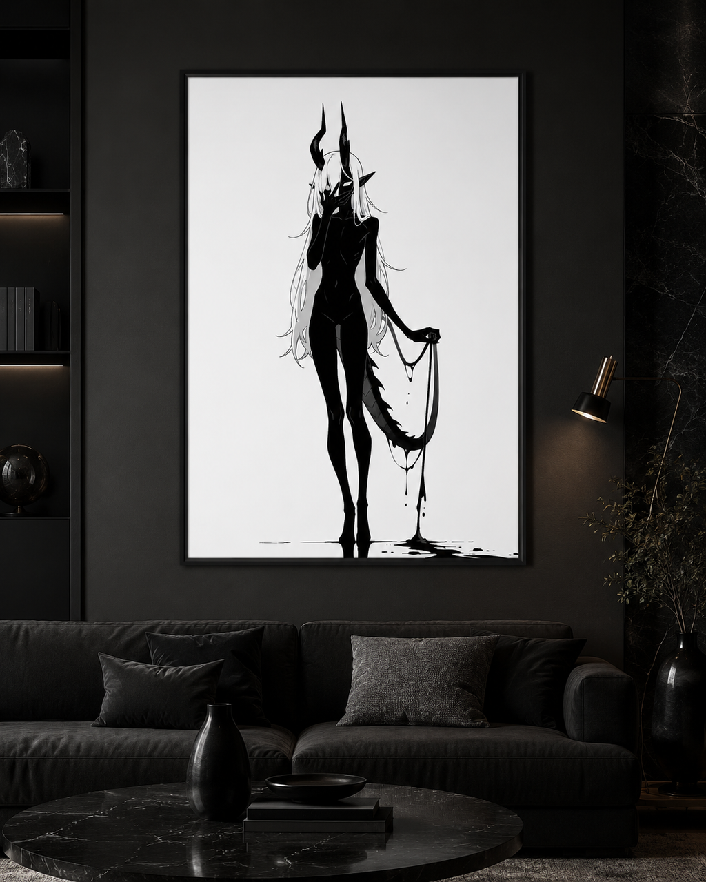 Affiche dark fantasy Vestigia, dragon anthropomorphe noir et blanc, debout tenant sa propre queue tendue comme une laisse