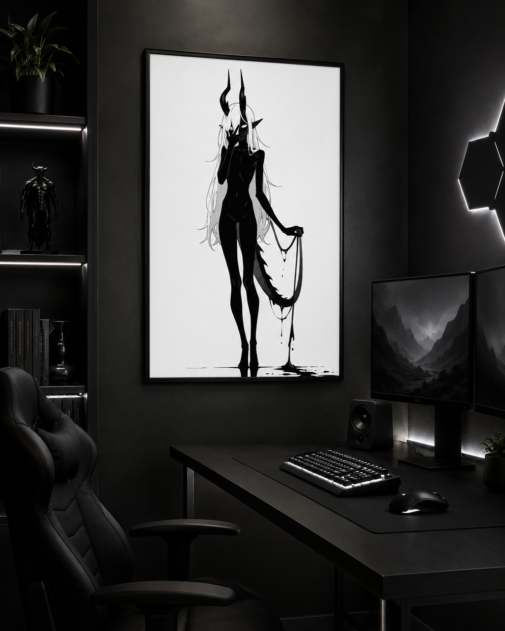Affiche dark fantasy Vestigia, dragon anthropomorphe noir et blanc, debout tenant sa propre queue tendue comme une laisse