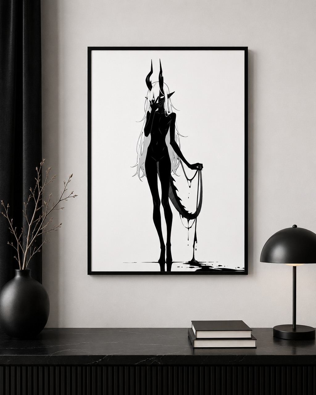 Affiche dark fantasy Vestigia, dragon anthropomorphe noir et blanc, debout tenant sa propre queue tendue comme une laisse