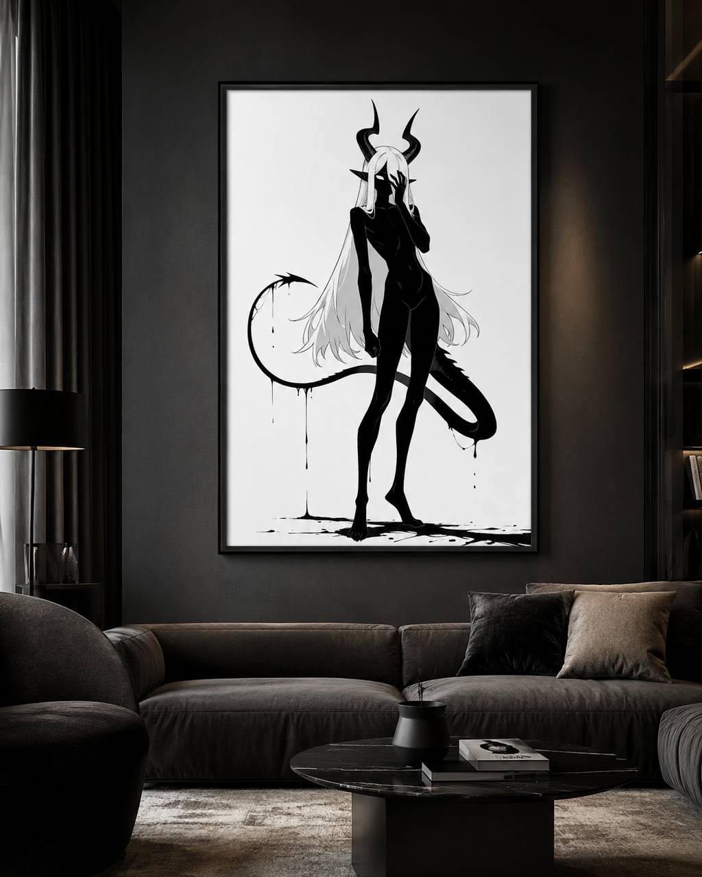 Affiche dark fantasy Vestigia, dragon anthropomorphe noir et blanc, debout avec sa queue formant une boucle d'encre