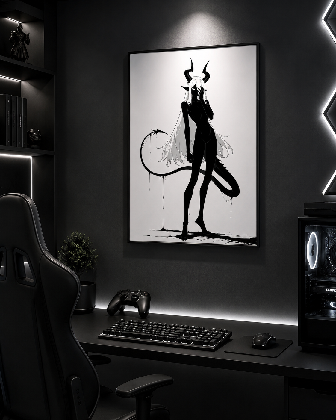 Affiche dark fantasy Vestigia, dragon anthropomorphe noir et blanc, debout avec sa queue formant une boucle d'encre