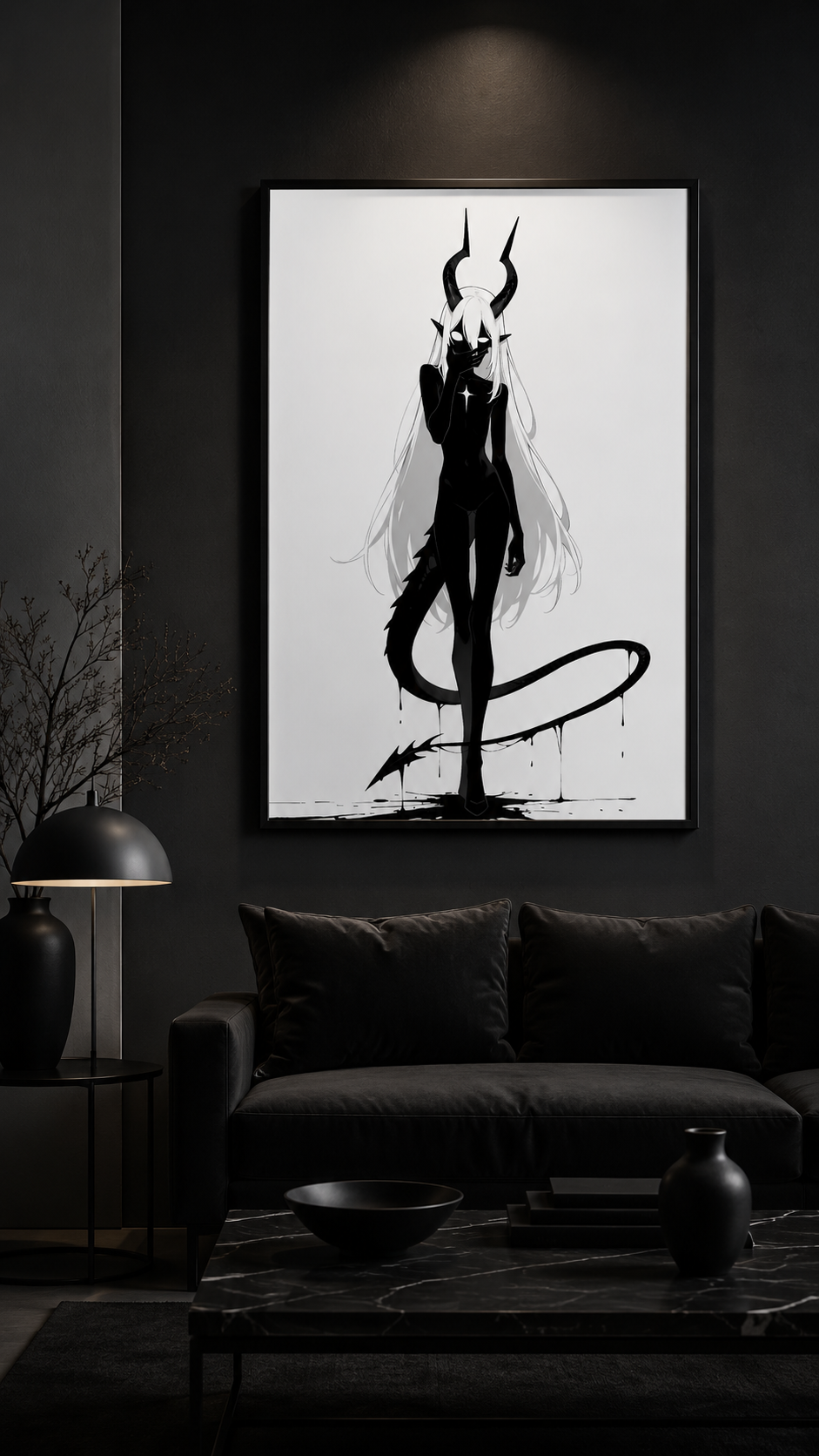 Affiche dark fantasy Vestigia, dragon anthropomorphe noir et blanc, debout avec une étoile sur la poitrine