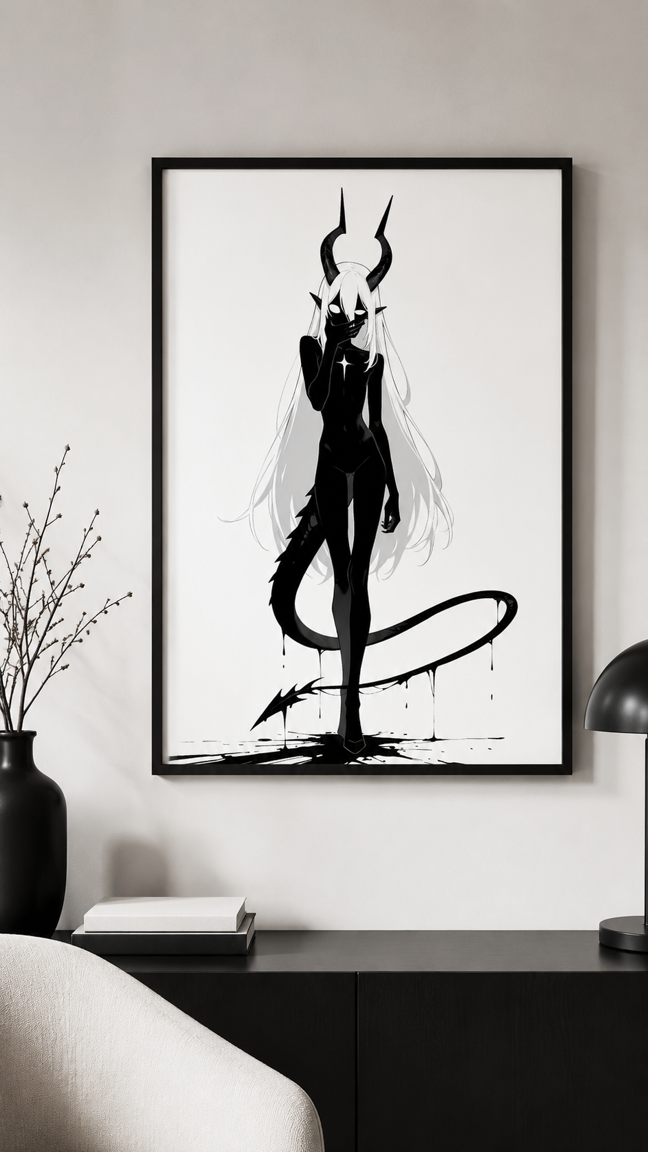 Affiche dark fantasy Vestigia, dragon anthropomorphe noir et blanc, debout avec une étoile sur la poitrine