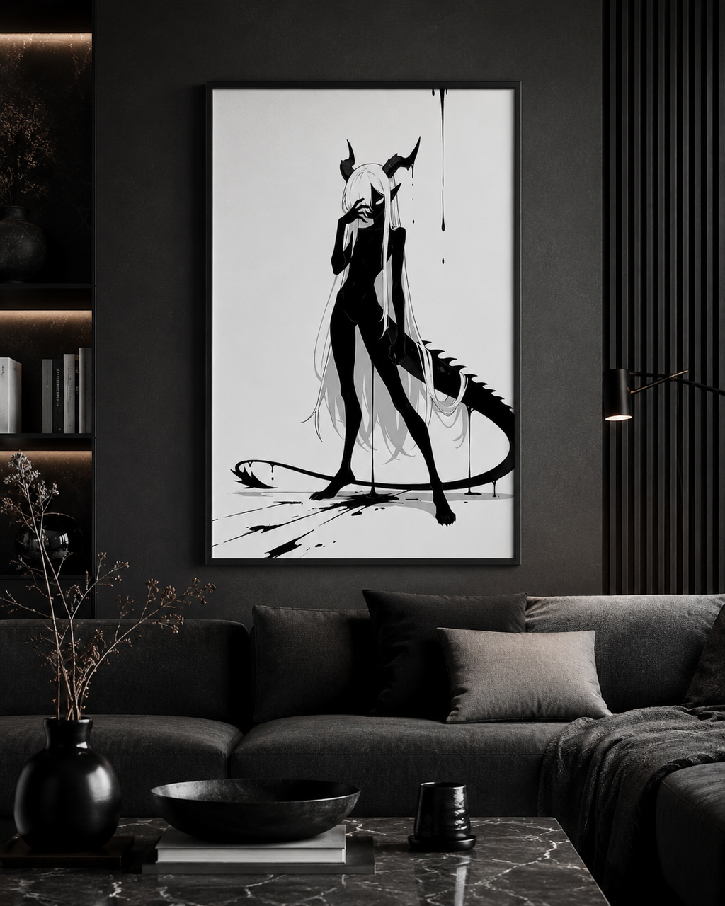 Affiche dark fantasy Vestigia, dragon anthropomorphe noir et blanc, penchée en avant avec une longue traînée d'encre au sol