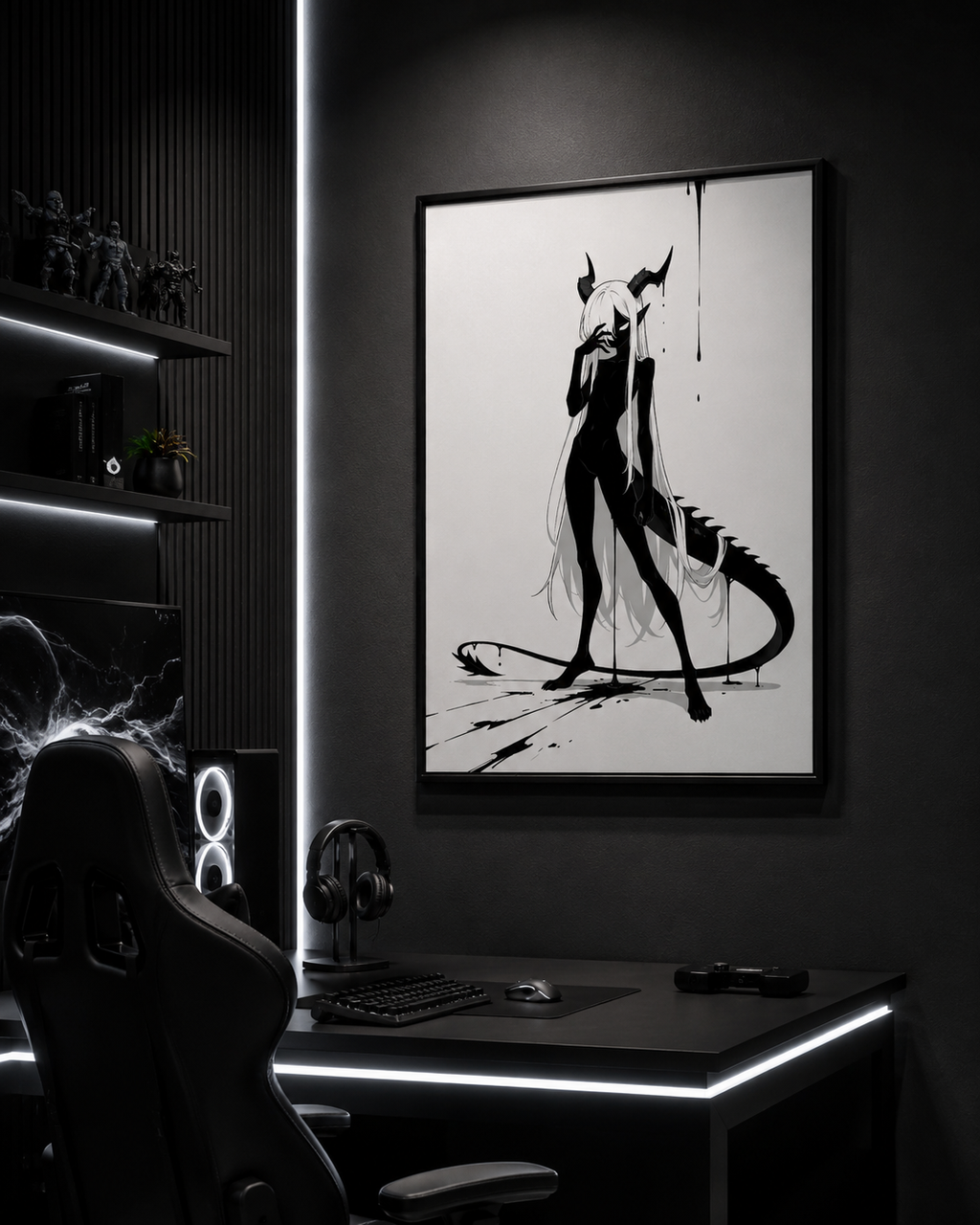 Affiche dark fantasy Vestigia, dragon anthropomorphe noir et blanc, penchée en avant avec une longue traînée d'encre au sol