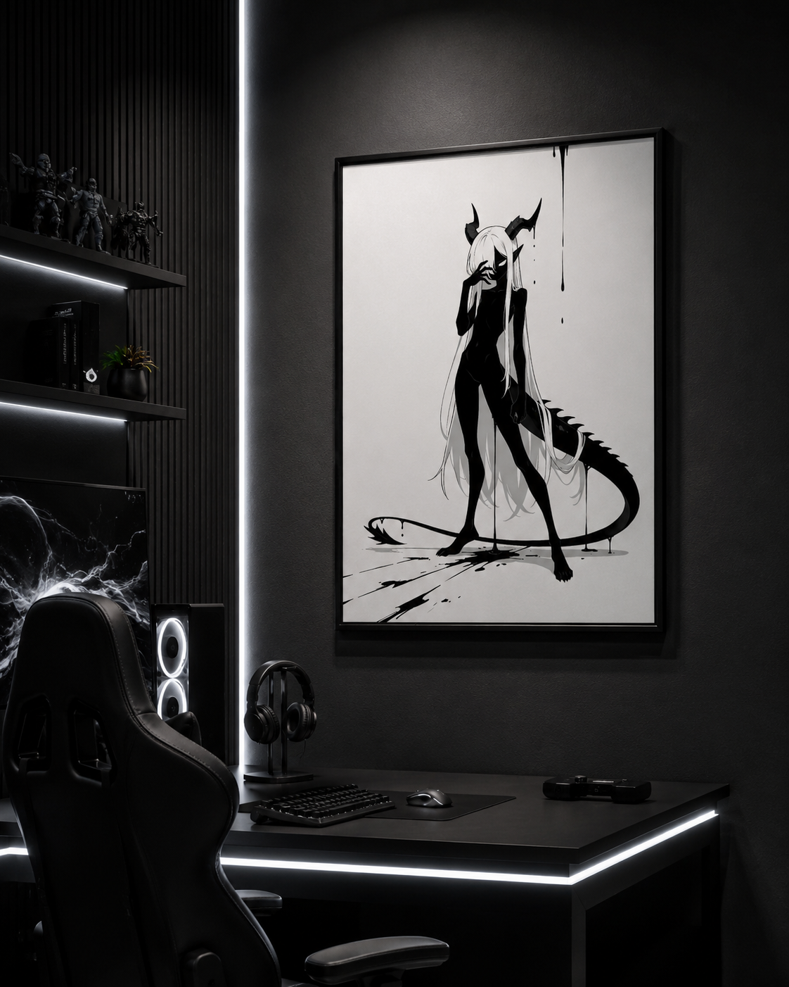 Affiche dark fantasy Vestigia, dragon anthropomorphe noir et blanc, penchée en avant avec une longue traînée d'encre au sol