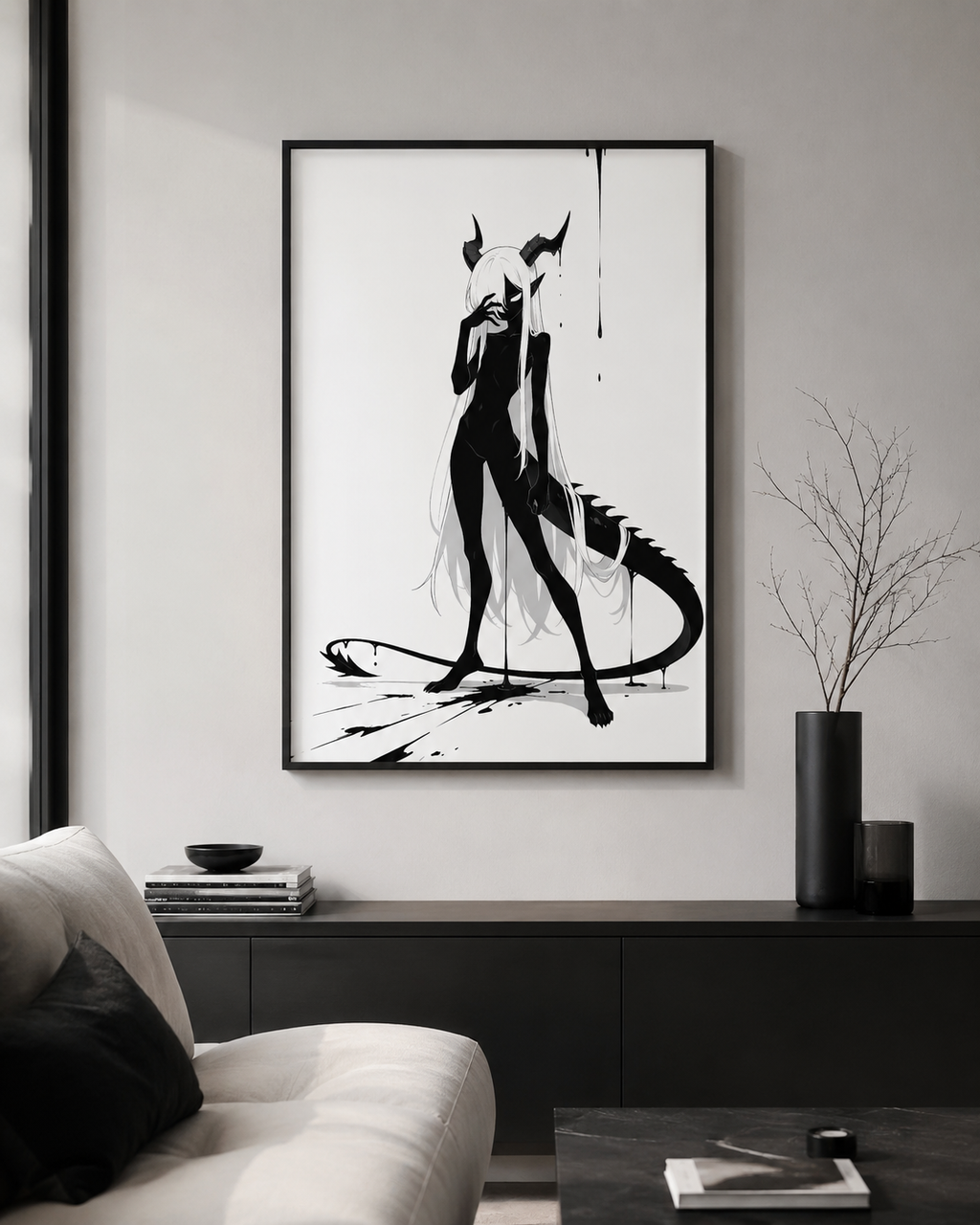 Affiche dark fantasy Vestigia, dragon anthropomorphe noir et blanc, penchée en avant avec une longue traînée d'encre au sol
