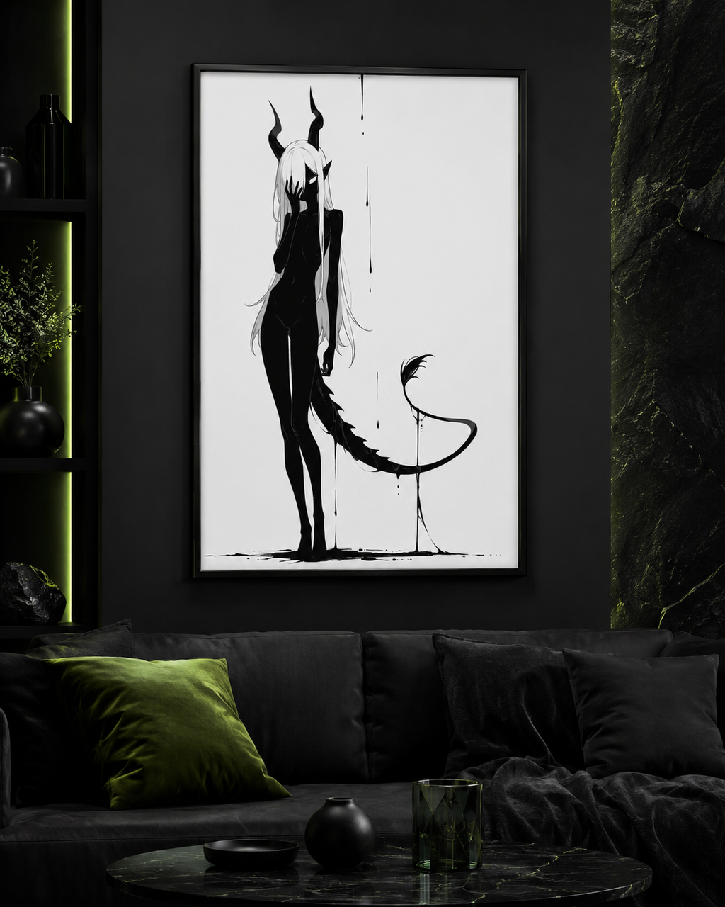 Affiche dark fantasy Vestigia, dragon anthropomorphe noir et blanc, vue de dos avec une queue courbée en pointe acérée