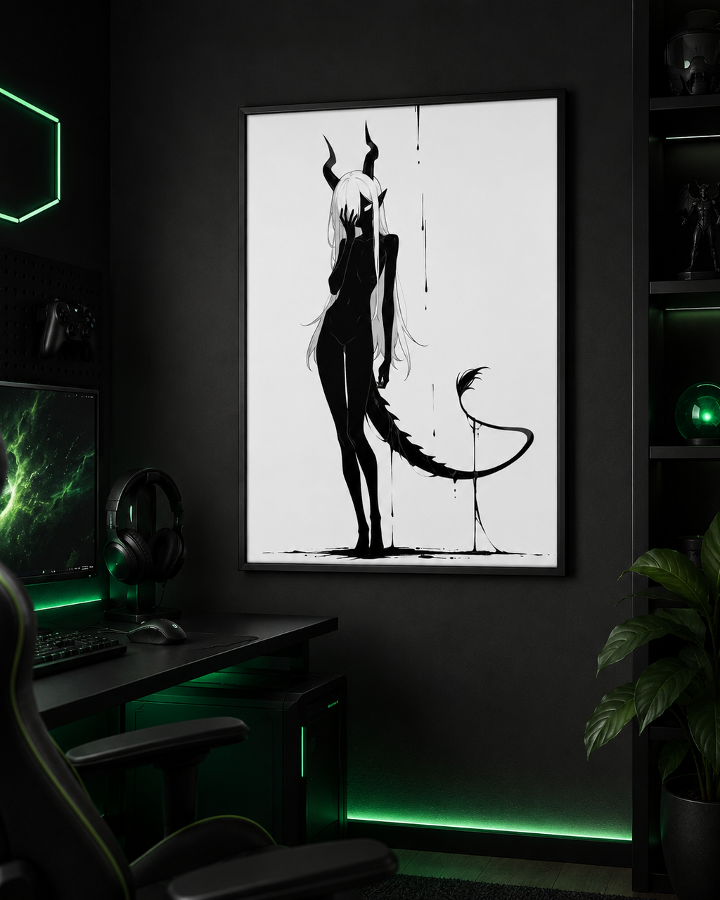 Affiche dark fantasy Vestigia, dragon anthropomorphe noir et blanc, vue de dos avec une queue courbée en pointe acérée