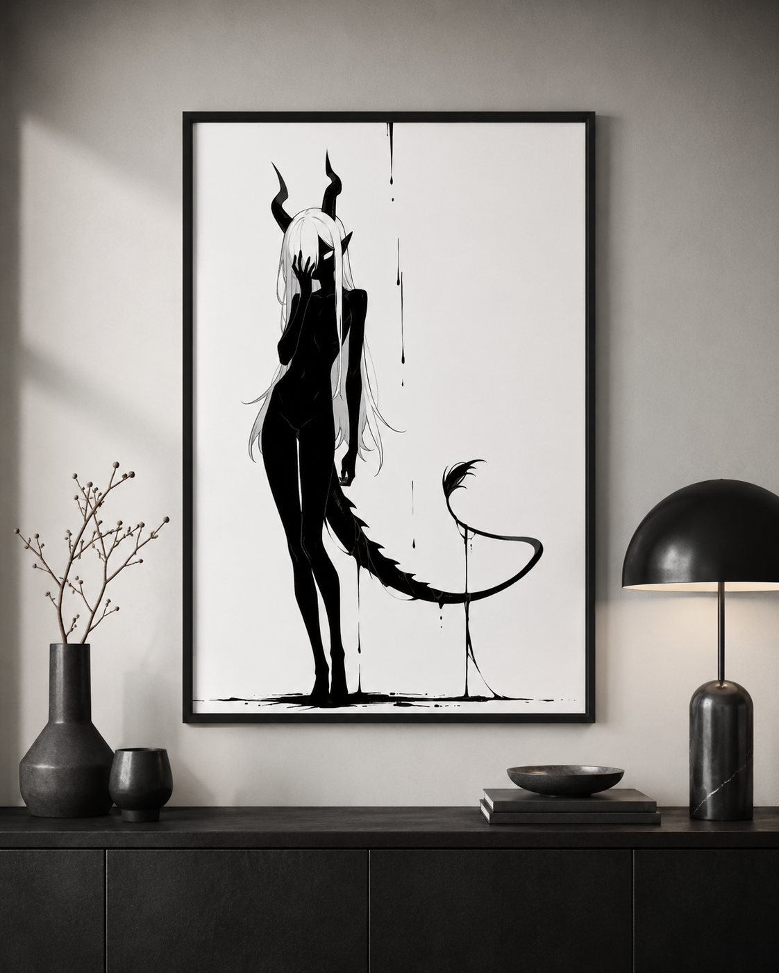 Affiche dark fantasy Vestigia, dragon anthropomorphe noir et blanc, vue de dos avec une queue courbée en pointe acérée