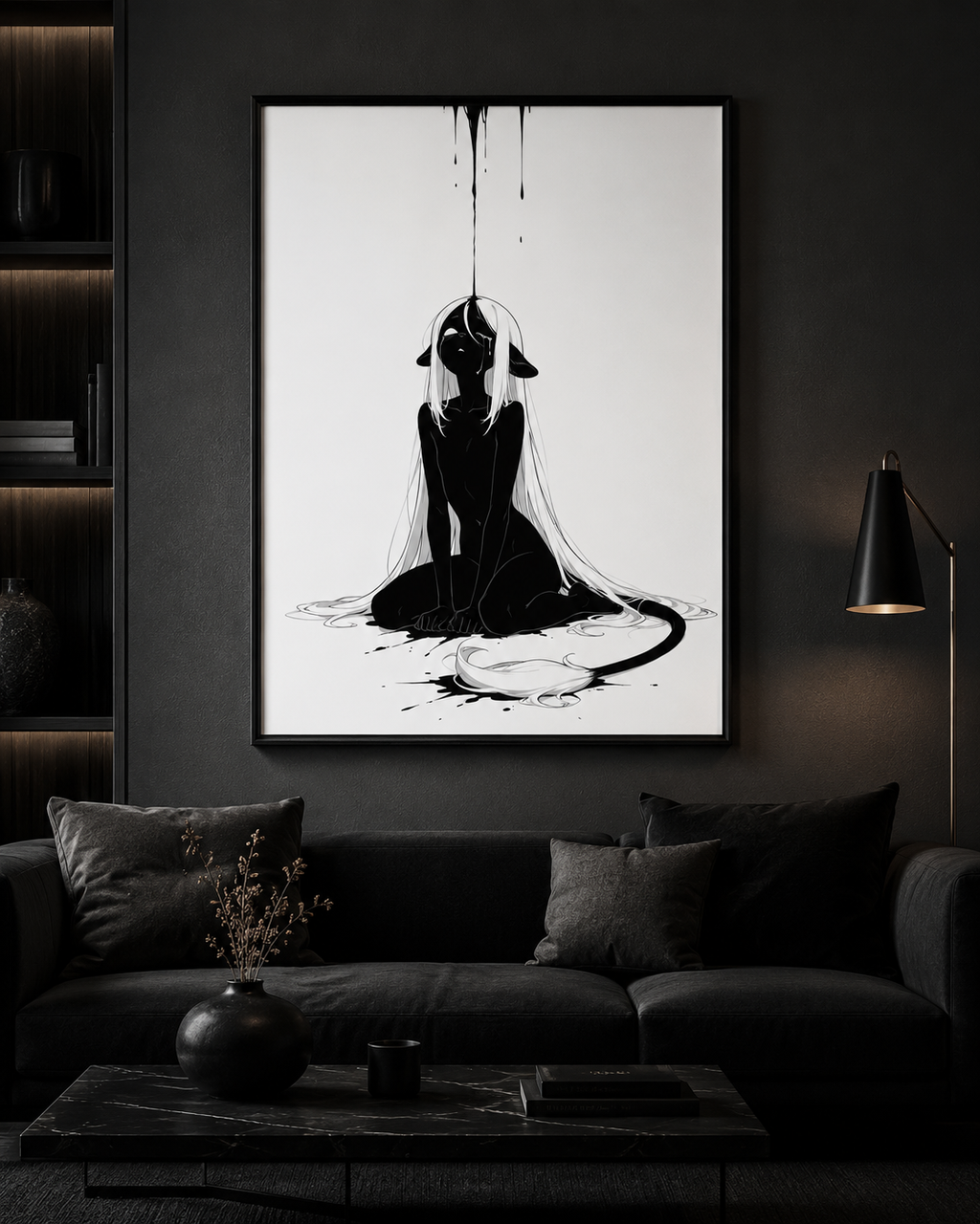 Affiche dark fantasy Ternelle, lionne anthropomorphe noir et blanc recroquevillée au sol recevant une pluie d'encre, tête levée, collection Les silences qu'on porte