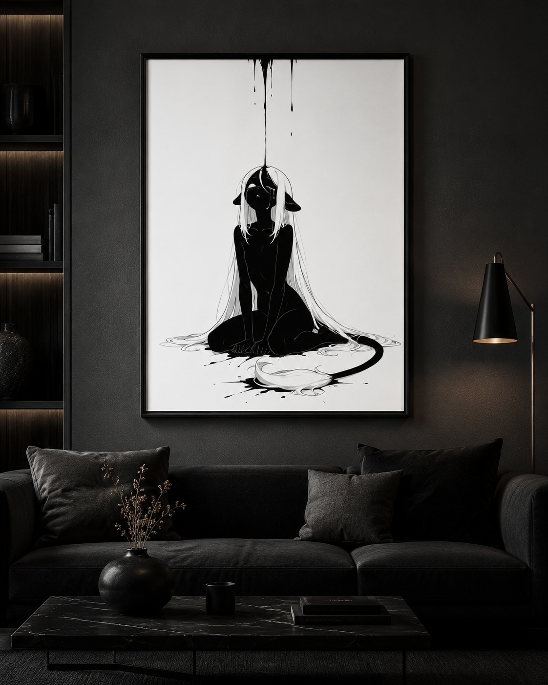 Affiche dark fantasy Ternelle, lionne anthropomorphe noir et blanc recroquevillée au sol recevant une pluie d'encre, tête levée, collection Les silences qu'on porte