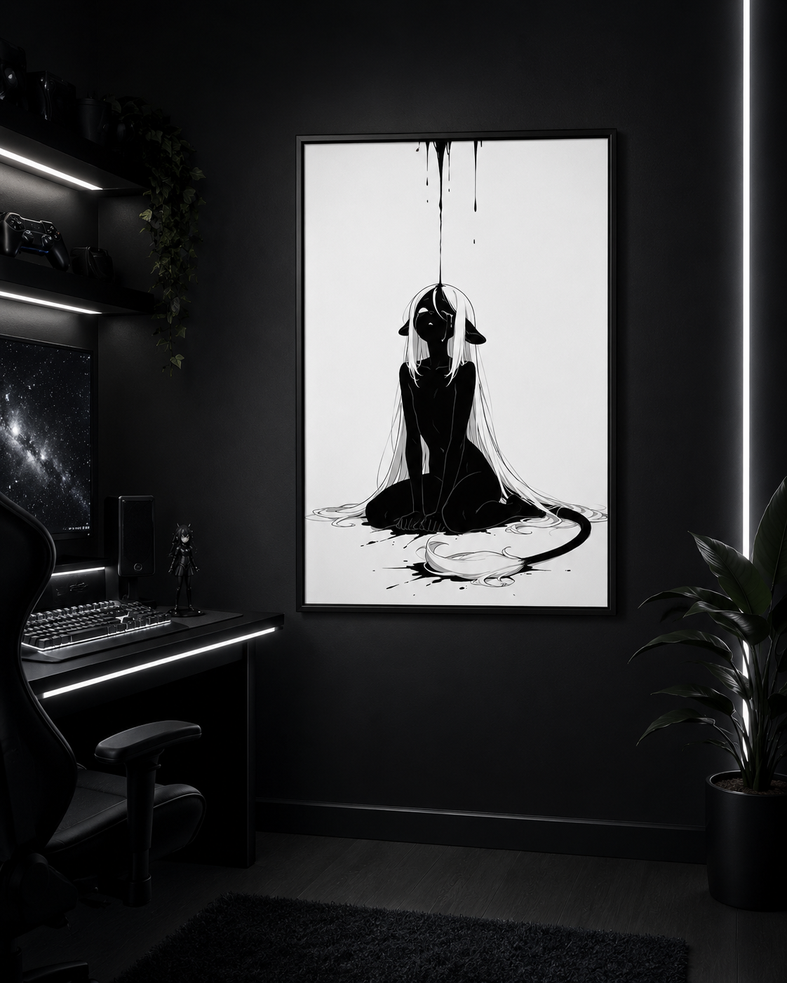 Affiche dark fantasy Ternelle, lionne anthropomorphe noir et blanc recroquevillée au sol recevant une pluie d'encre, tête levée, collection Les silences qu'on porte