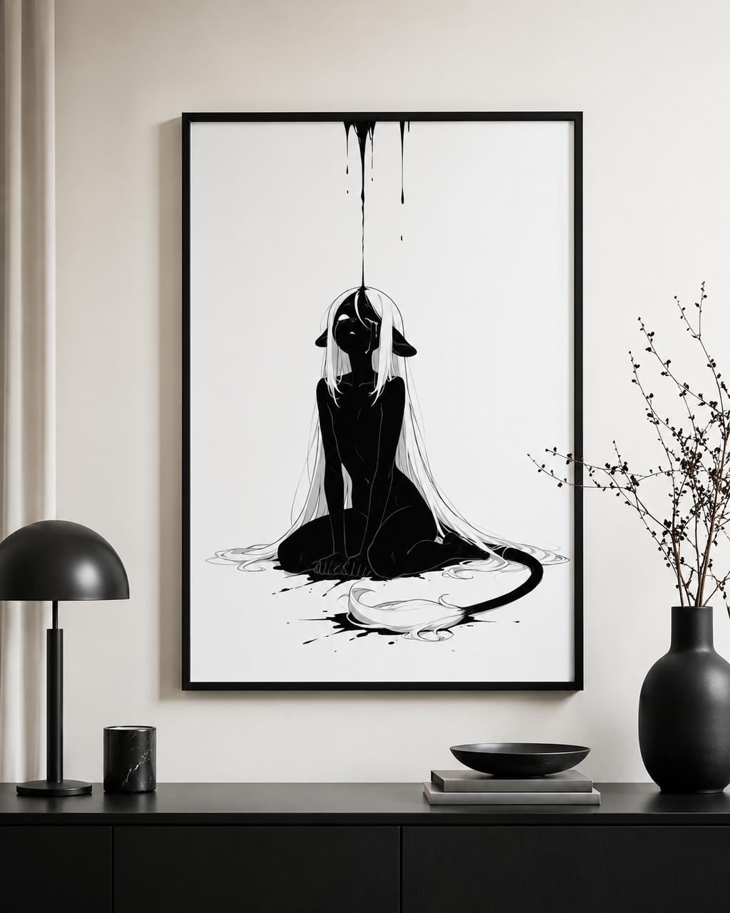 Affiche dark fantasy Ternelle, lionne anthropomorphe noir et blanc recroquevillée au sol recevant une pluie d'encre, tête levée, collection Les silences qu'on porte