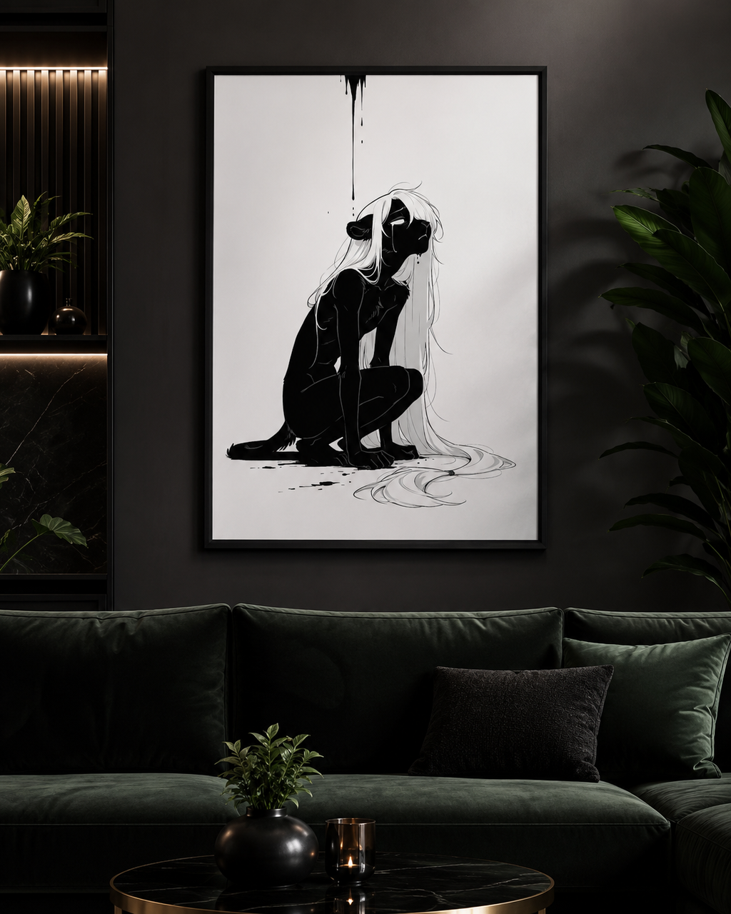 Affiche dark fantasy Ternelle, lionne anthropomorphe noir et blanc de profil accroupie, larme au menton, queue nouée d'un lien, collection Les silences qu'on porte