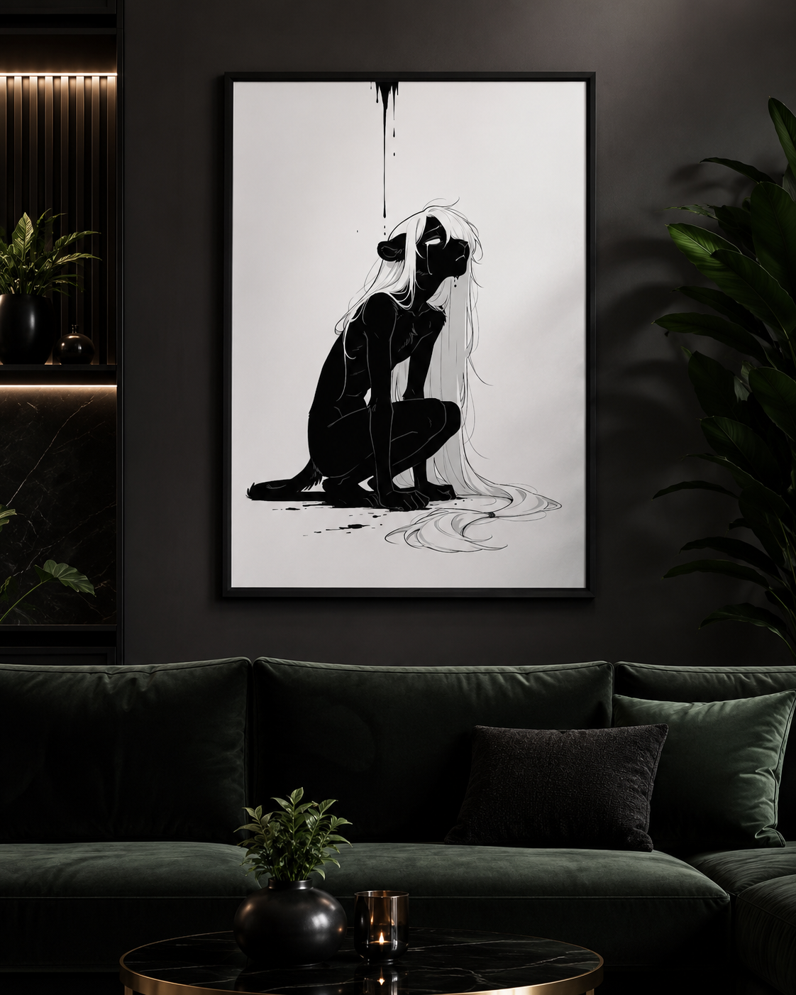 Affiche dark fantasy Ternelle, lionne anthropomorphe noir et blanc de profil accroupie, larme au menton, queue nouée d'un lien, collection Les silences qu'on porte