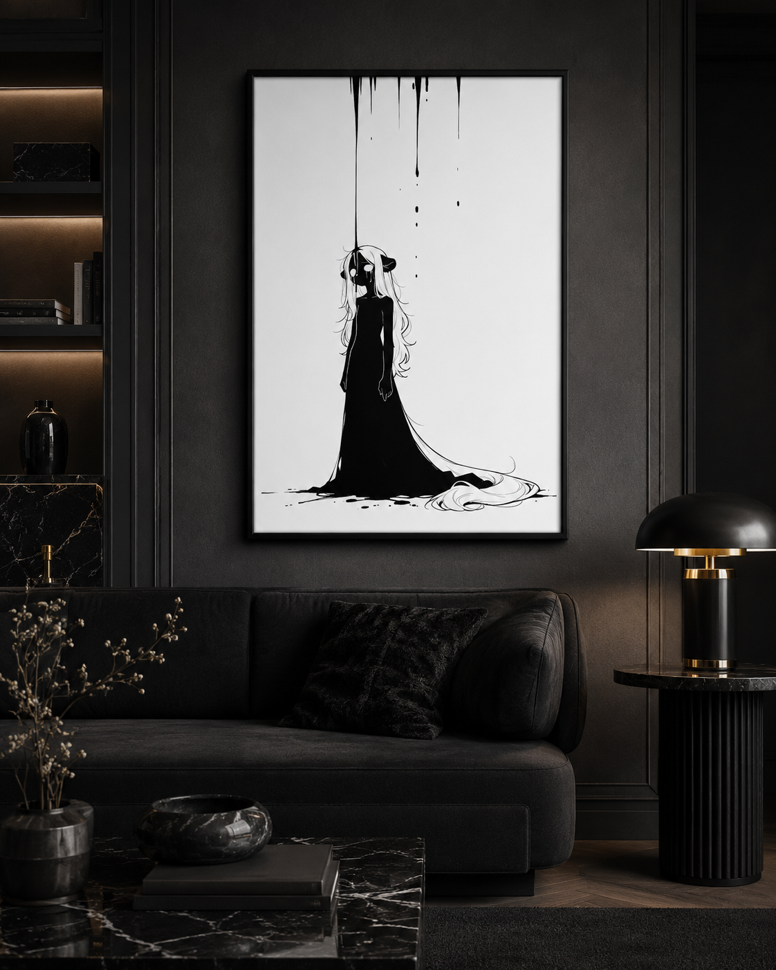 Affiche dark fantasy Ternelle, lionne anthropomorphe noir et blanc debout en robe longue, larmes visibles, encre tombant sur la tête, collection Les silences qu'on porte