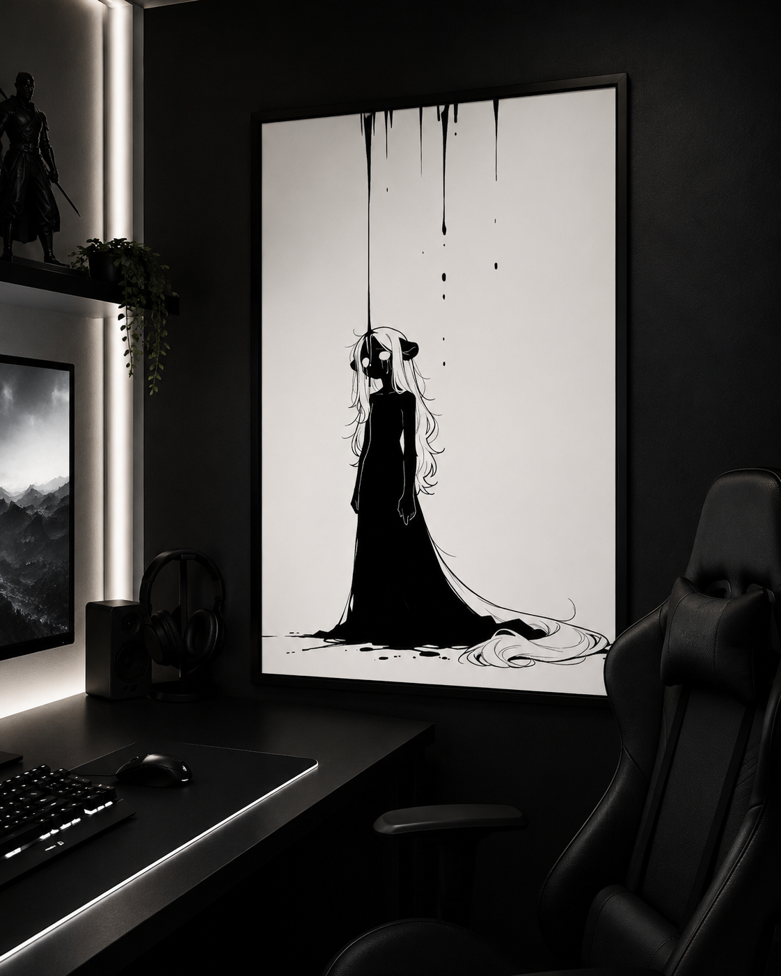 Affiche dark fantasy Ternelle, lionne anthropomorphe noir et blanc debout en robe longue, larmes visibles, encre tombant sur la tête, collection Les silences qu'on porte