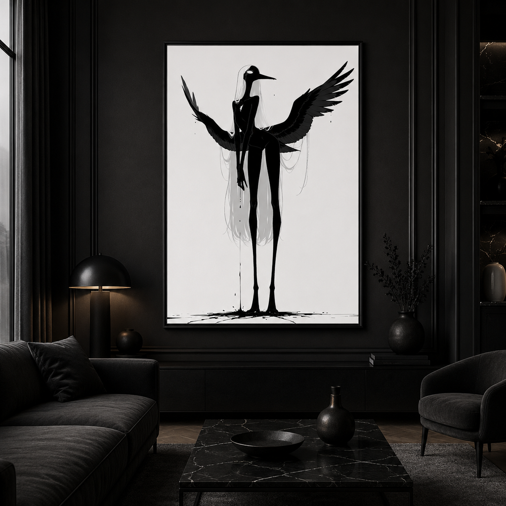 Affiche dark fantasy Attendrie, grue anthropomorphe noir et blanc debout ailes largement déployées, encre s'égouttant du bec, collection Les silences qu'on porte