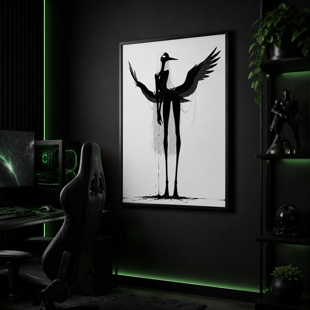 Affiche dark fantasy Attendrie, grue anthropomorphe noir et blanc debout ailes largement déployées, encre s'égouttant du bec, collection Les silences qu'on porte
