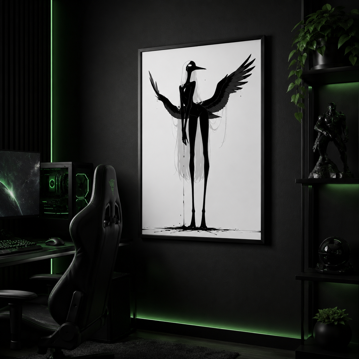 Affiche dark fantasy Attendrie, grue anthropomorphe noir et blanc debout ailes largement déployées, encre s'égouttant du bec, collection Les silences qu'on porte