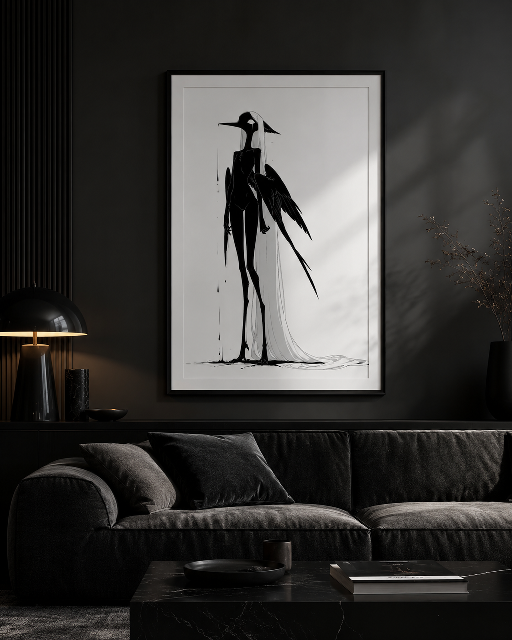 Affiche dark fantasy Attendrie, grue anthropomorphe noir et blanc debout de profil aile tombée le long du corps, larme sous l'œil, pluie d'encre, collection Les silences qu'on porte