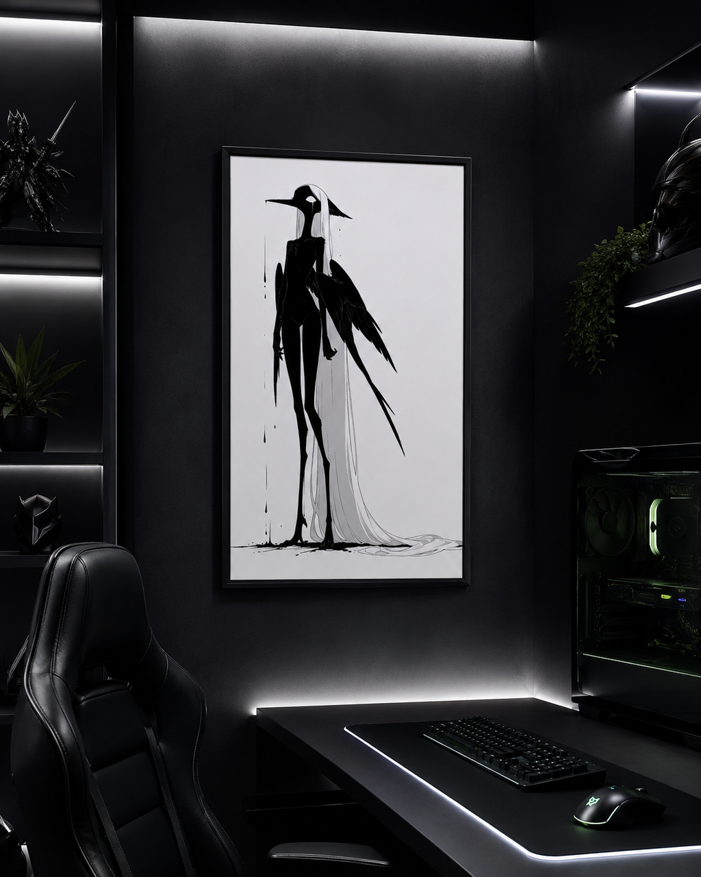 Affiche dark fantasy Attendrie, grue anthropomorphe noir et blanc debout de profil aile tombée le long du corps, larme sous l'œil, pluie d'encre, collection Les silences qu'on porte
