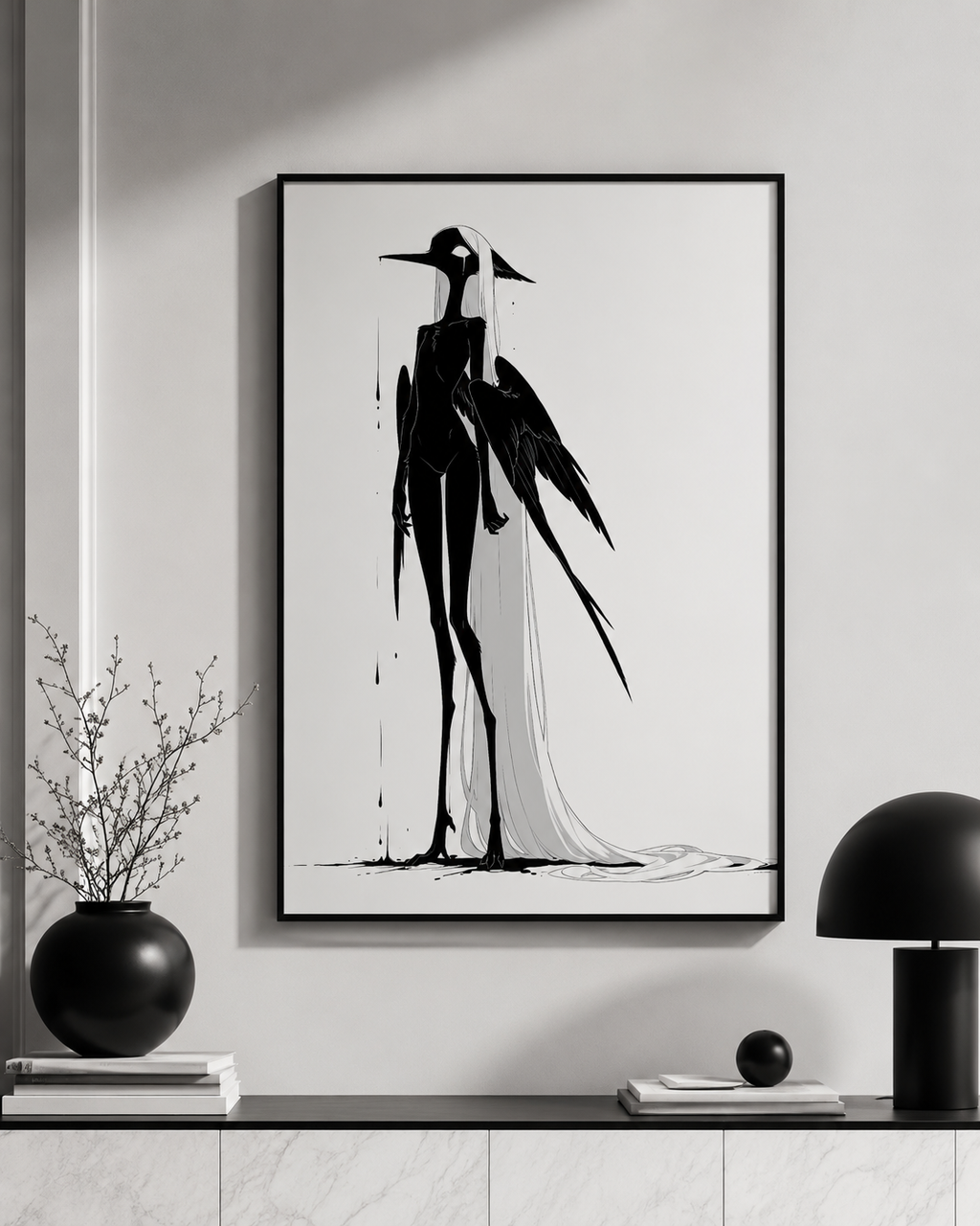 Affiche dark fantasy Attendrie, grue anthropomorphe noir et blanc debout de profil aile tombée le long du corps, larme sous l'œil, pluie d'encre, collection Les silences qu'on porte
